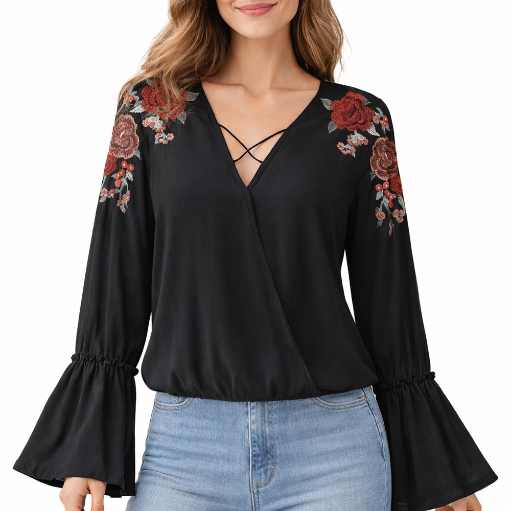 American Eagle Outfitters Black Floral Embroidered Wrap Blouse
